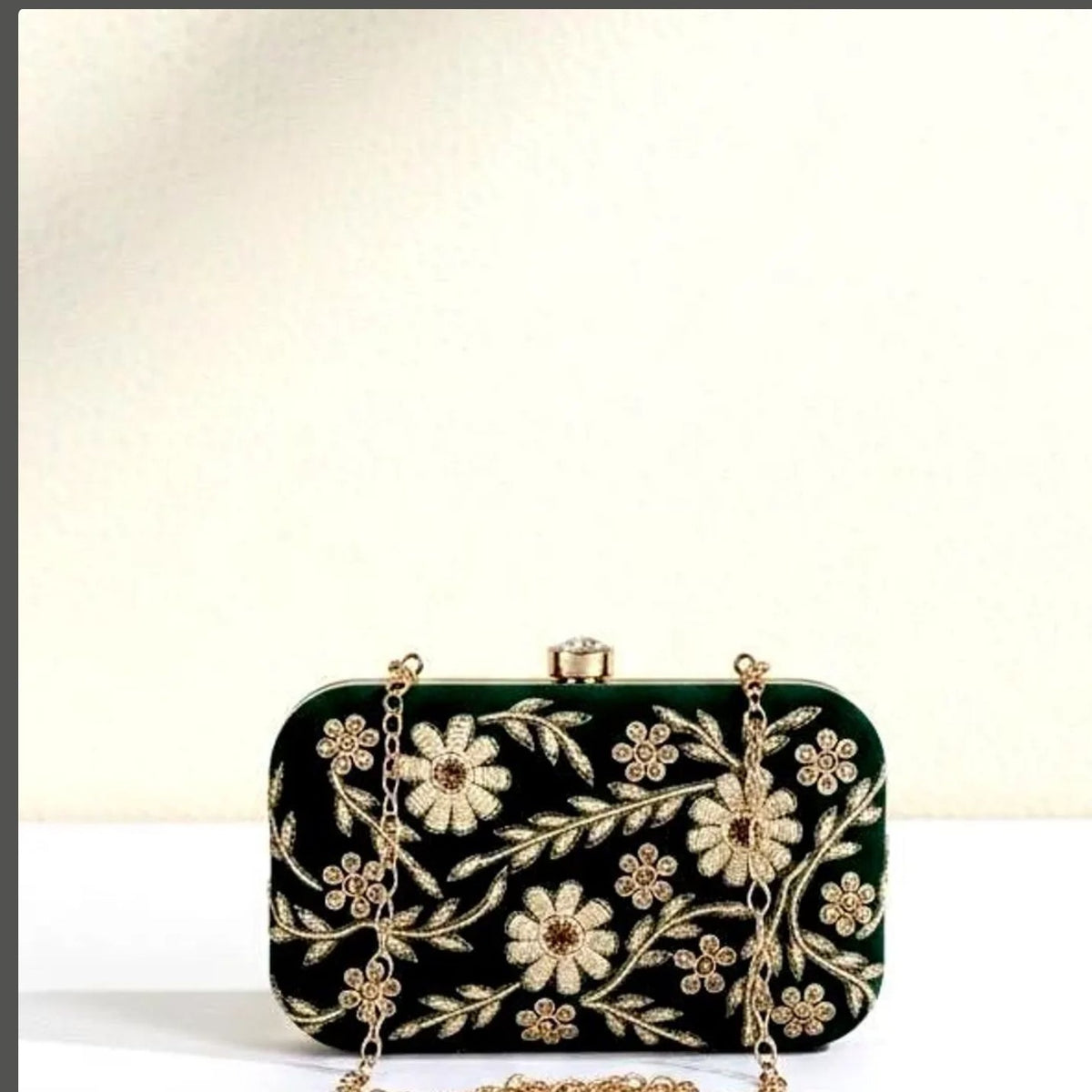 Dark Green Floral Velvet Box Clutch — view 1