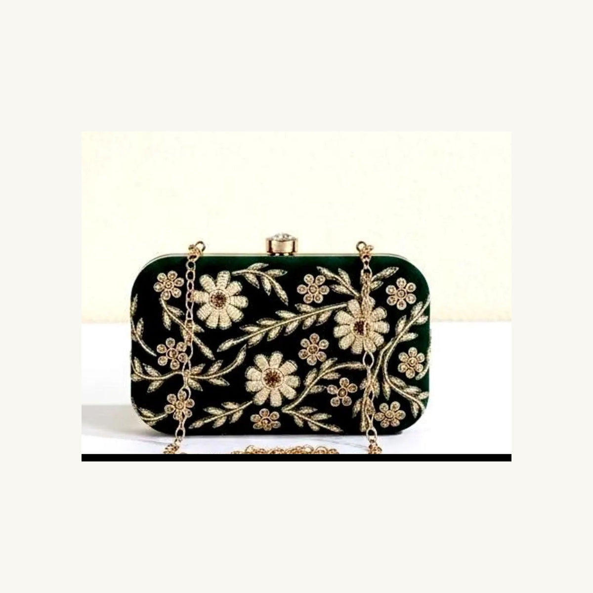 Dark Green Floral Velvet Box Clutch — view 1