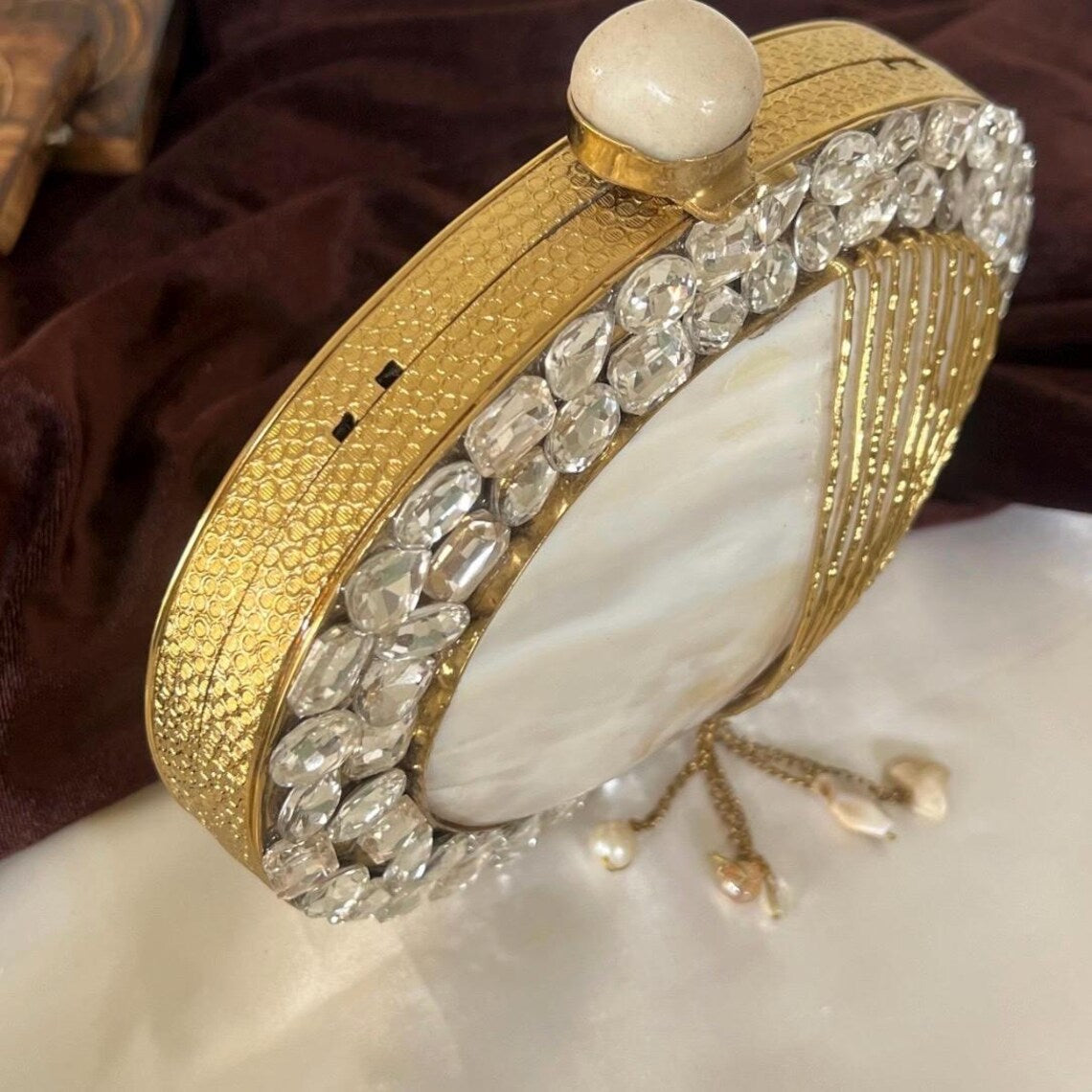 Gold Mother of Pearl Rhinestone Clutch — view 5