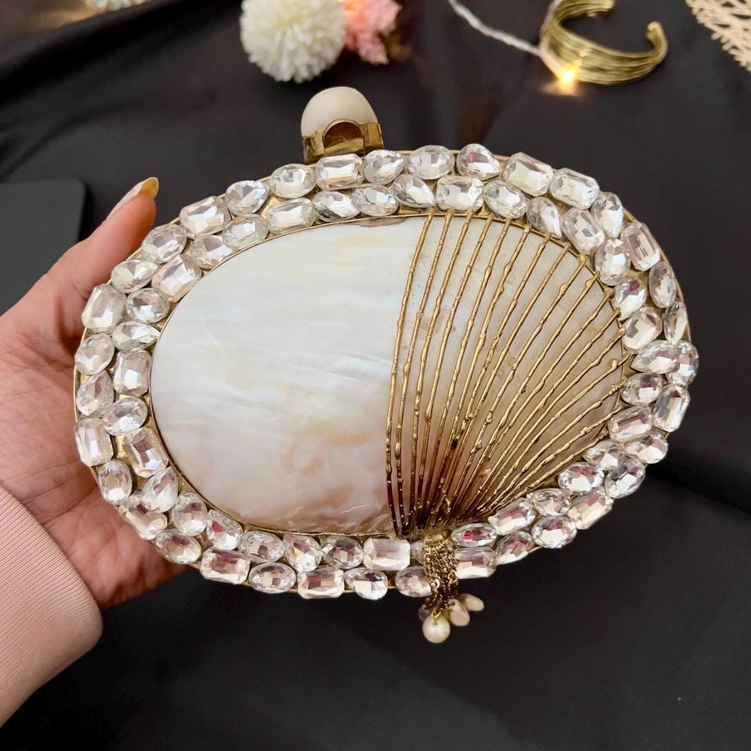 Gold Mother of Pearl Rhinestone Clutch — view 1