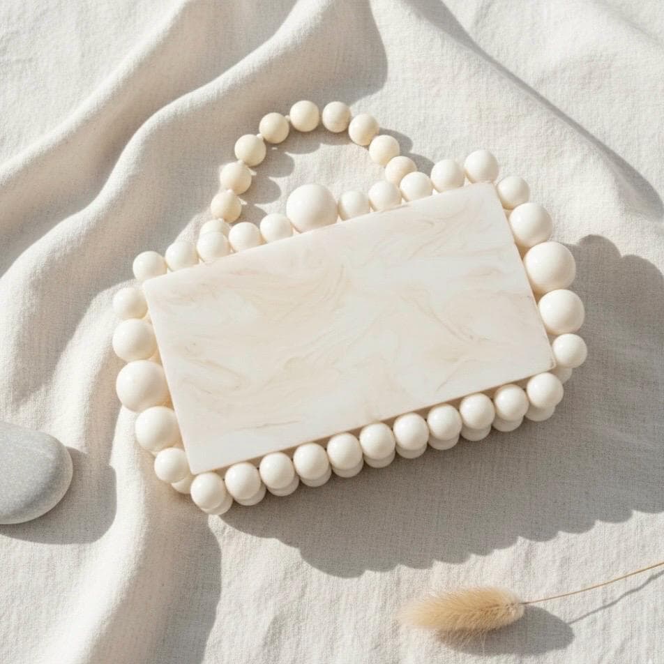 Ivory Marble Resin Beaded Box Clutch — view 1