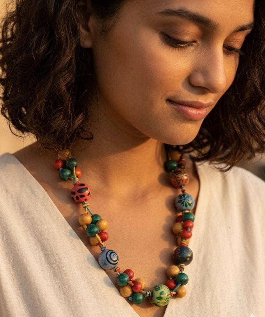 Multicolour Ceramic & Wood Bead Necklace — view 3