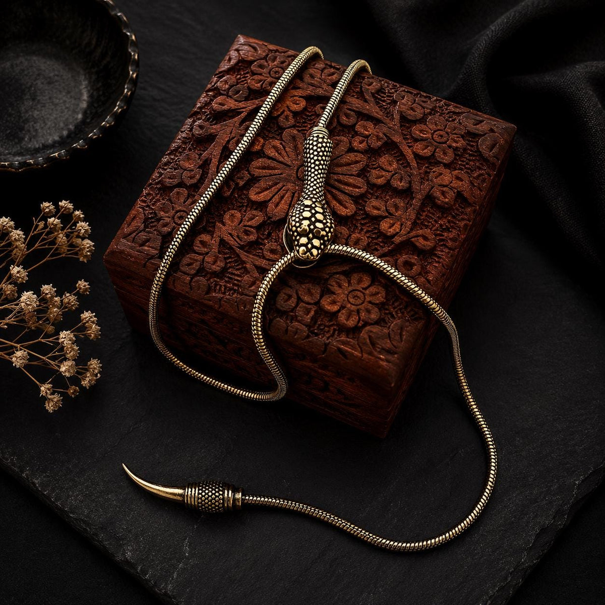 Antique Brass Snake Lariat Necklace — view 1