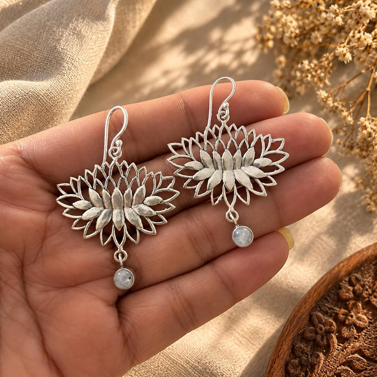 Gold Lotus Drop Earrings — view 3
