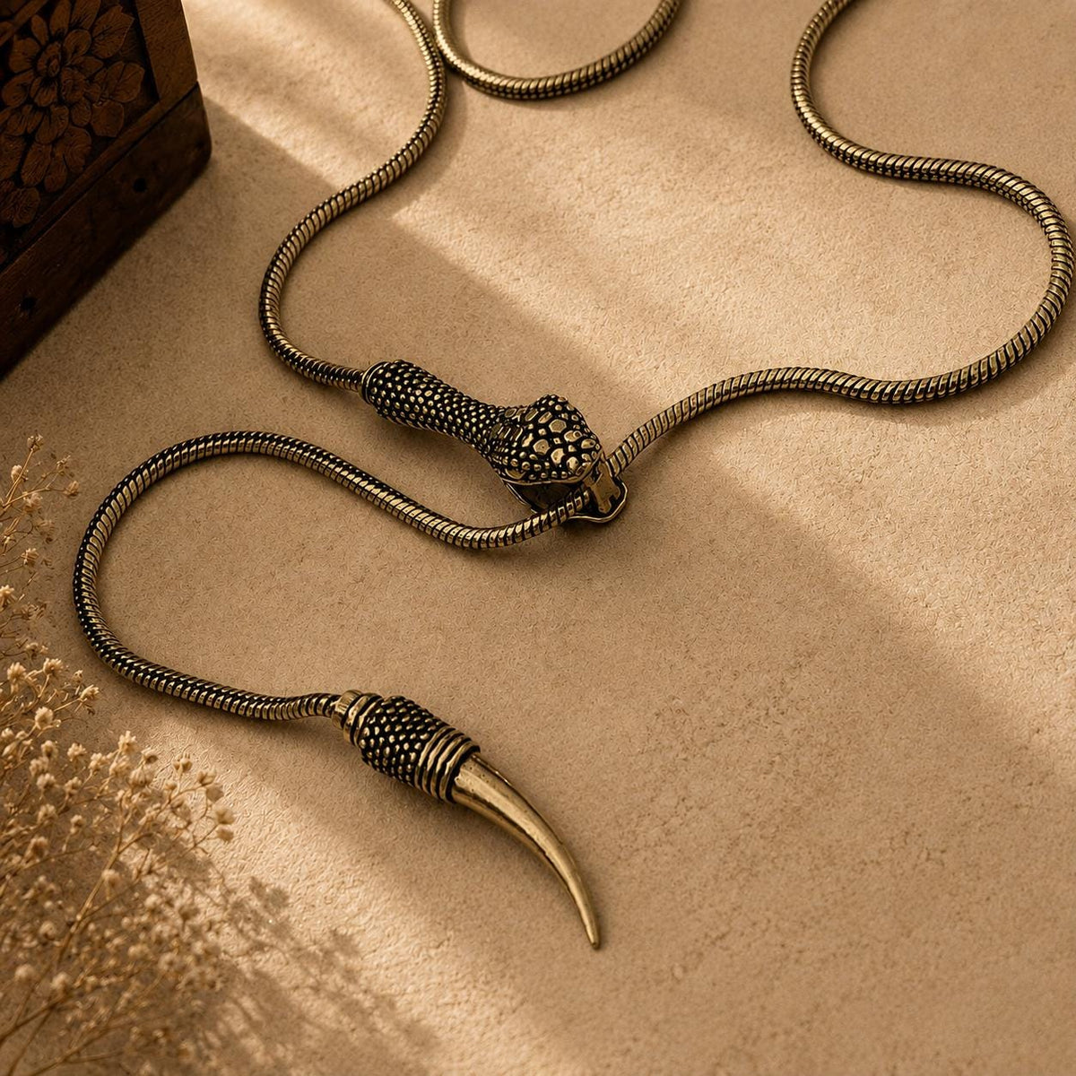 Antique Brass Snake Lariat Necklace — view 3