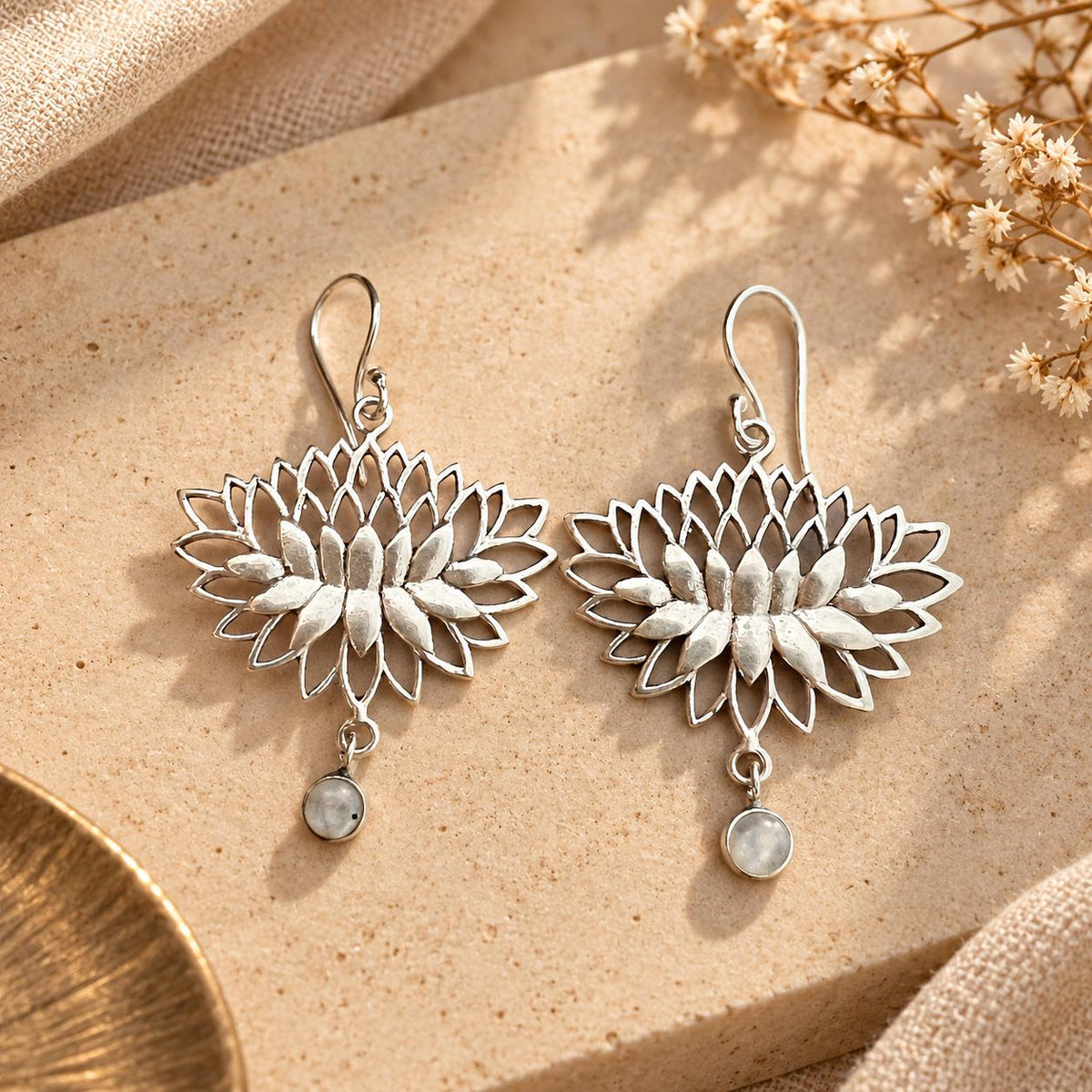 Gold Lotus Drop Earrings — view 2