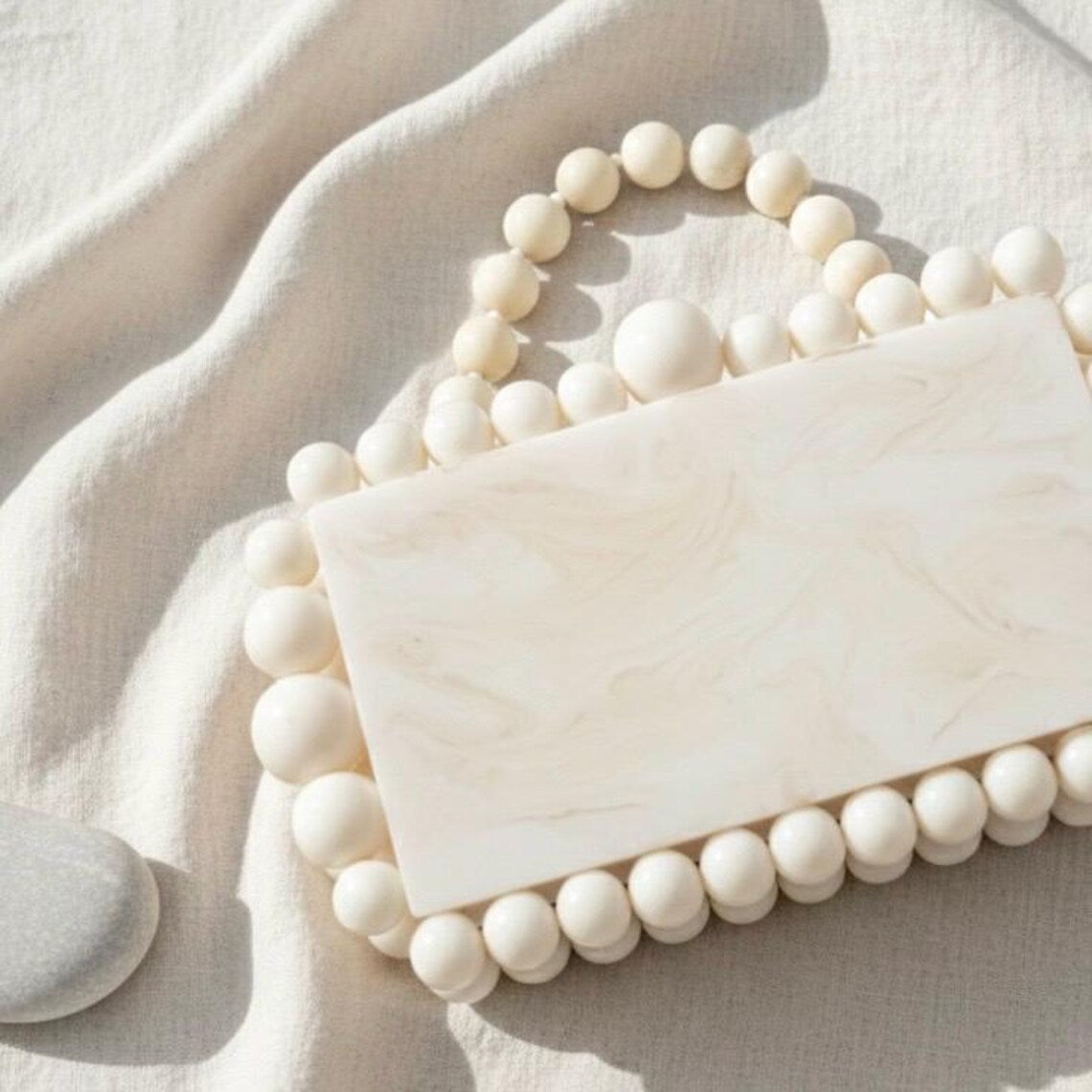 Ivory Marble Resin Beaded Box Clutch — view 2