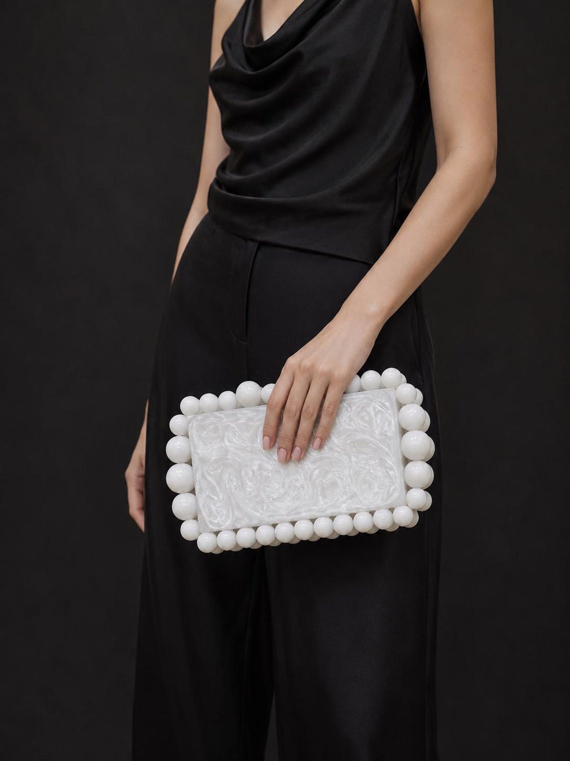 Ivory Marble Resin Beaded Box Clutch — view 3