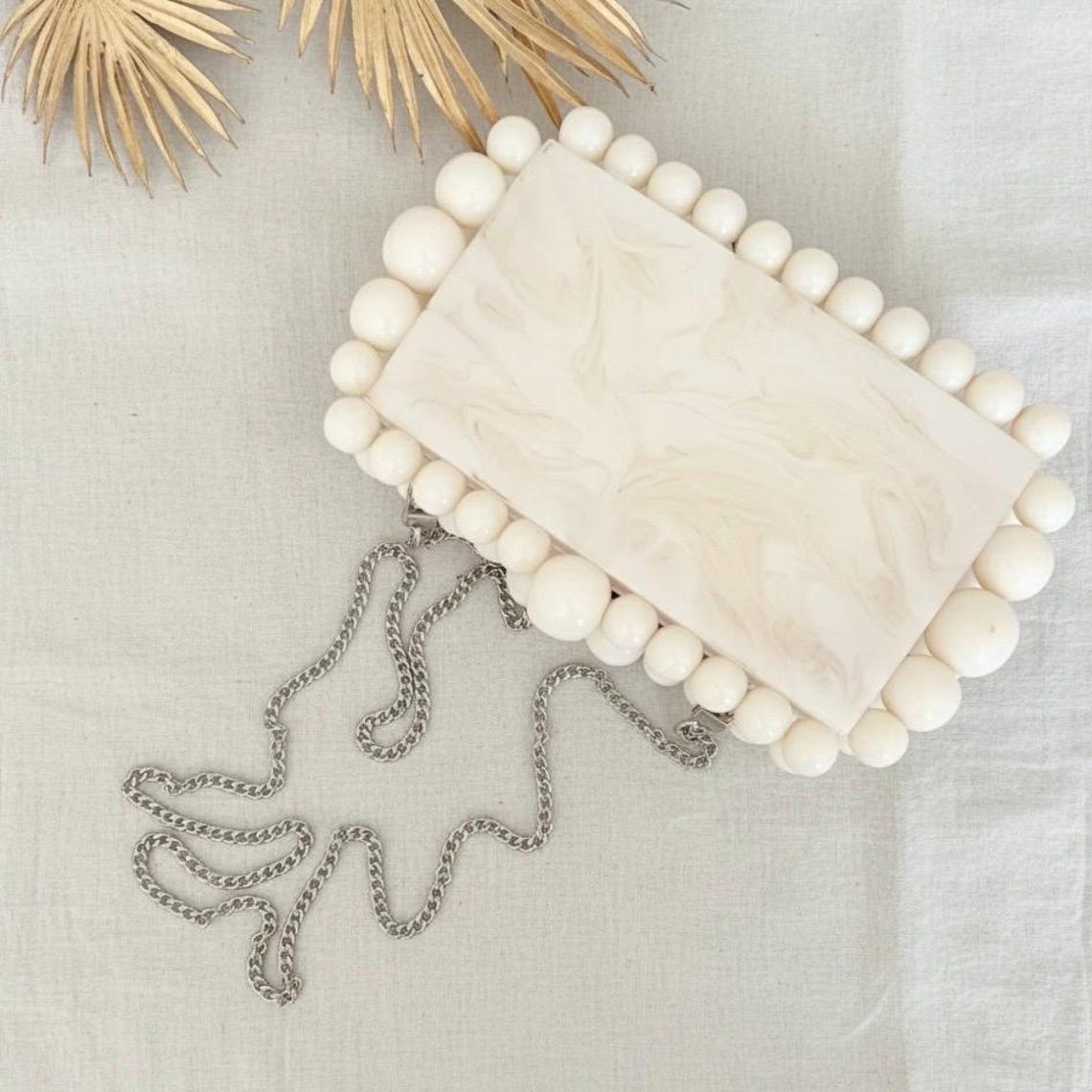 Ivory Marble Resin Beaded Box Clutch — view 4