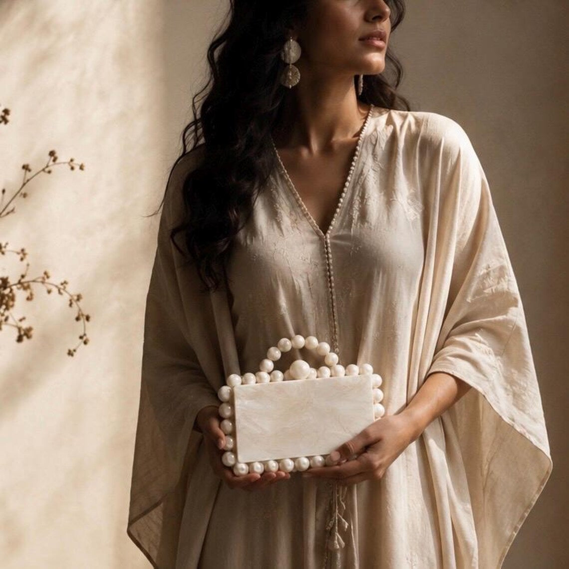 Ivory Marble Resin Beaded Box Clutch — view 5